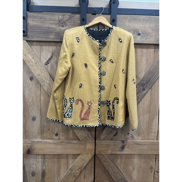 Allure Wearable Art Jacket Size Medium Yellow Vintage Crazy Cat Lady Cat Paws - Picture 1 of 6